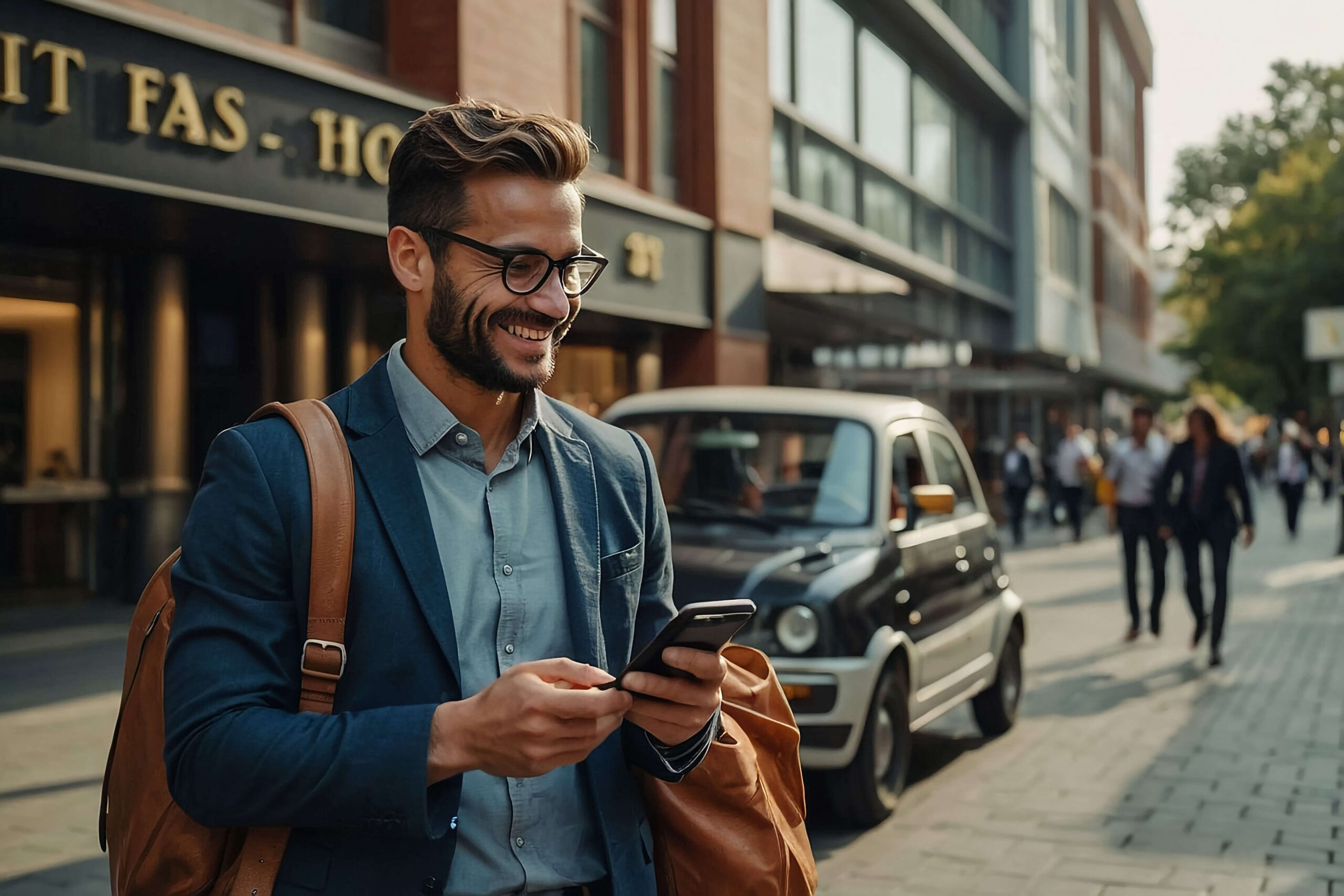 A man in a suit and glasses is intently looking at his phone, possibly checking messages or emails.