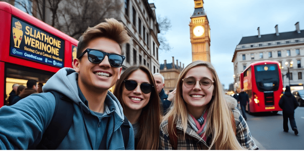 Three smiling young adults wearing sunglasses pose for a photo on a busy London street with red double-decker buses and Big Ben in the background.