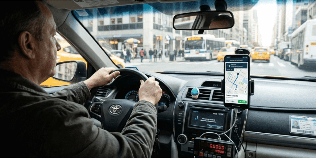 A man driving a car with a smartphone placed on the dashboard, focused on the road ahead.