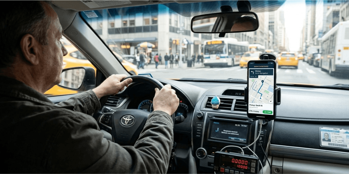 A man driving a car with a smartphone placed on the dashboard, focused on the road ahead.